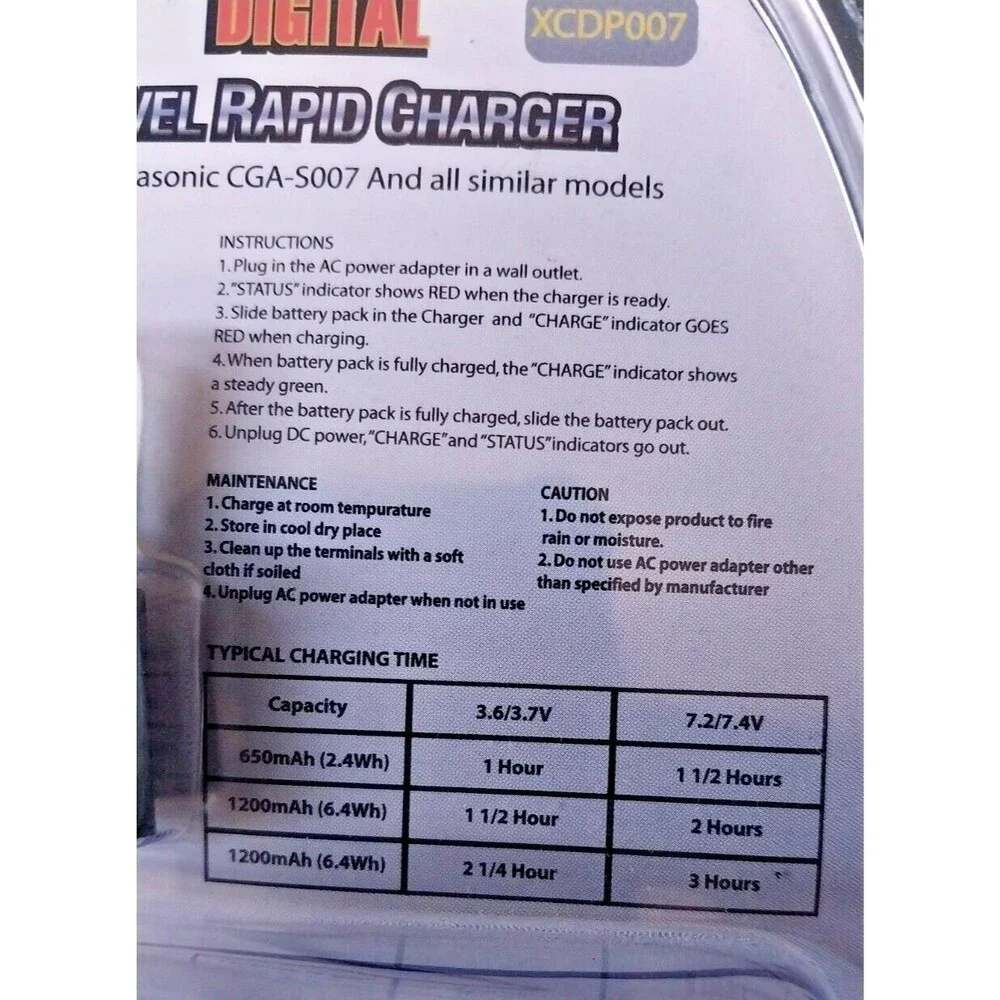 Digital Extreme Power Travel Rapid Charger for Panasonic CGA-S007 & Similar